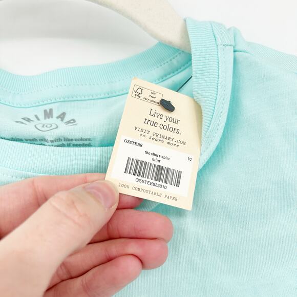 NWT Primary Kids 100% Cotton The Slim Crewneck Short Sleeve T-Shirt Size 10 Mint - Picture 3 of 4